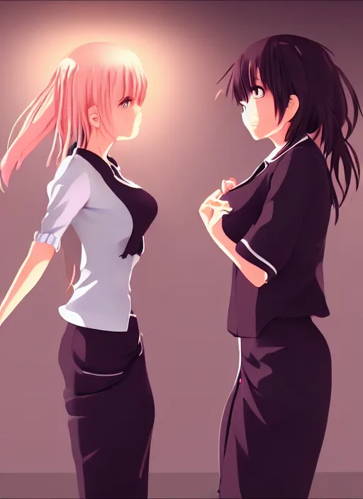 Image similar to two beautiful mothers taunting each other, office clothes, skirt, gorgeous faces, smooth, cinematic lighting, detailed anime art