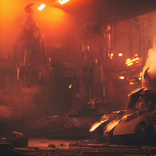 Image similar to mecha made from kitchen utensils, dark messy smoke - filled cluttered workshop, dark, dramatic lighting, orange tint, cinematic, highly detailed, sci - fi, futuristic, movie still from blade runner