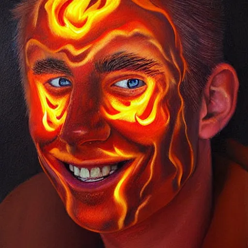 Image similar to a hyper realistic painting of a young fire - man, all face covered with a fire, coherent symmetrical eyes, cunning smile, by jeffrey smith, by andrea kowch, by steve henderson