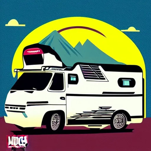 Prompt: white and black cute thor chateau! motorhome camper!!, mountains, colorful sunset!!, stencil, sticker!! by tom whalen
