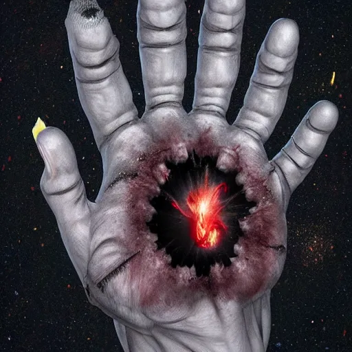 Image similar to a big demonic hand comes out from a blackhole, artstation