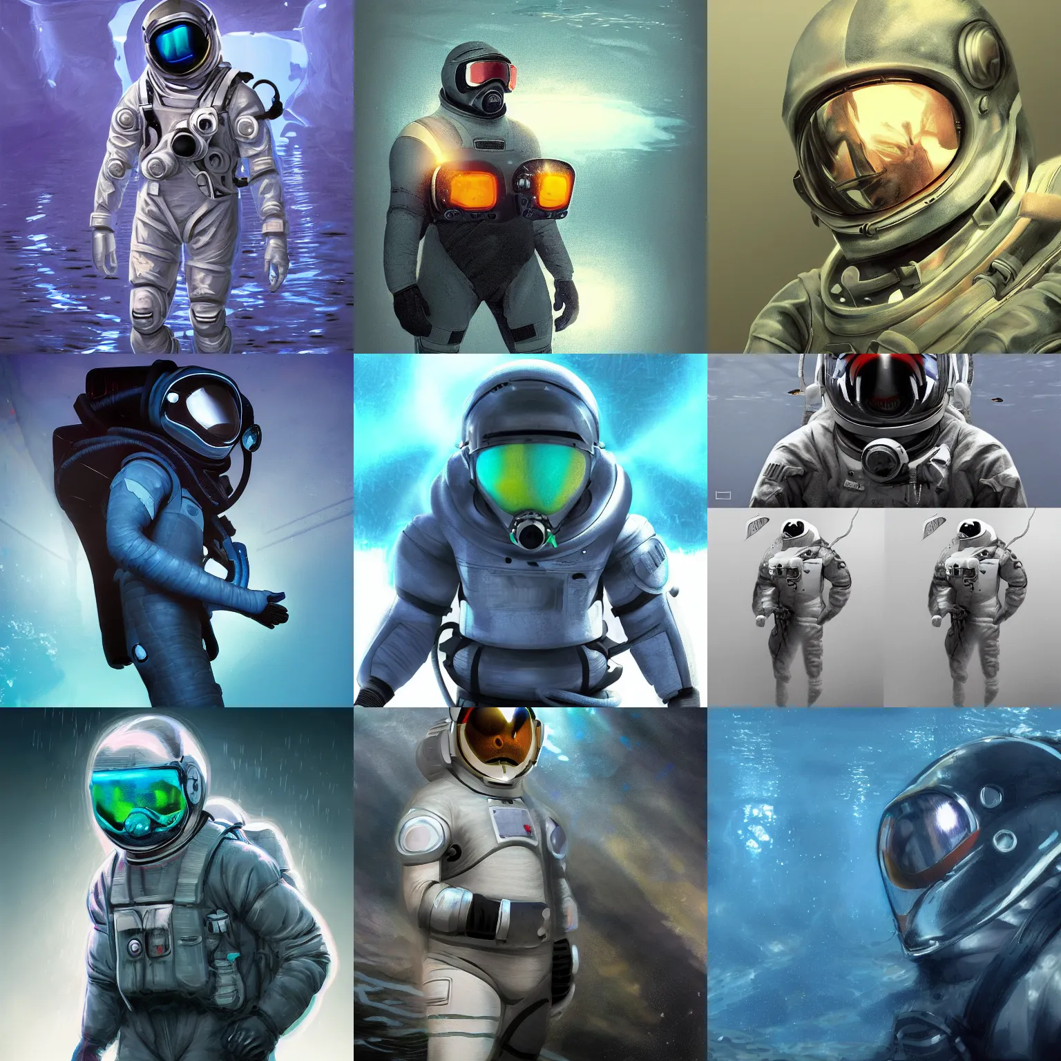 Image similar to infrared concept art in the dark underwater diver astronaut with meka helmet. complex suit design. wet reflection material. rays and dispersion of light breaking through the deep water. trend artstation