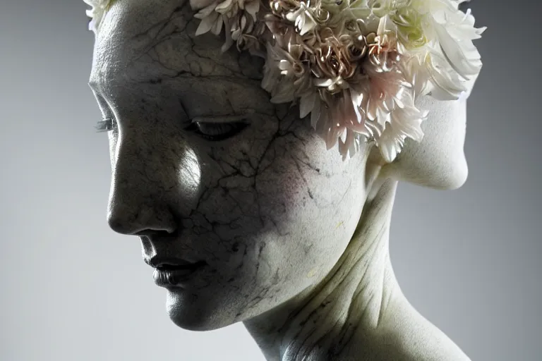 Image similar to the long shot of sculpture of a beautiful woman with flowing tears, fractal flowers on the skin, intricate, a marble sculpture by nicola samori, behance, neo - expressionism, marble sculpture, made of mist, still frame from the prometheus movie by ridley scott with cinematogrophy of christopher doyle, arri alexa, anamorphic bokeh, 8 k