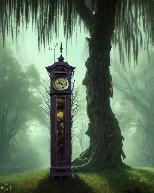 Image similar to highly detailed surreal vfx portrait of a cursed grandfather clock in a shadowy forest by a willow tree, stephen bliss, unreal engine, greg rutkowski, loish, rhads, beeple, makoto shinkai and lois van baarle, ilya kuvshinov, rossdraws, tom bagshaw, alphonse mucha, global illumination, detailed and intricate environment