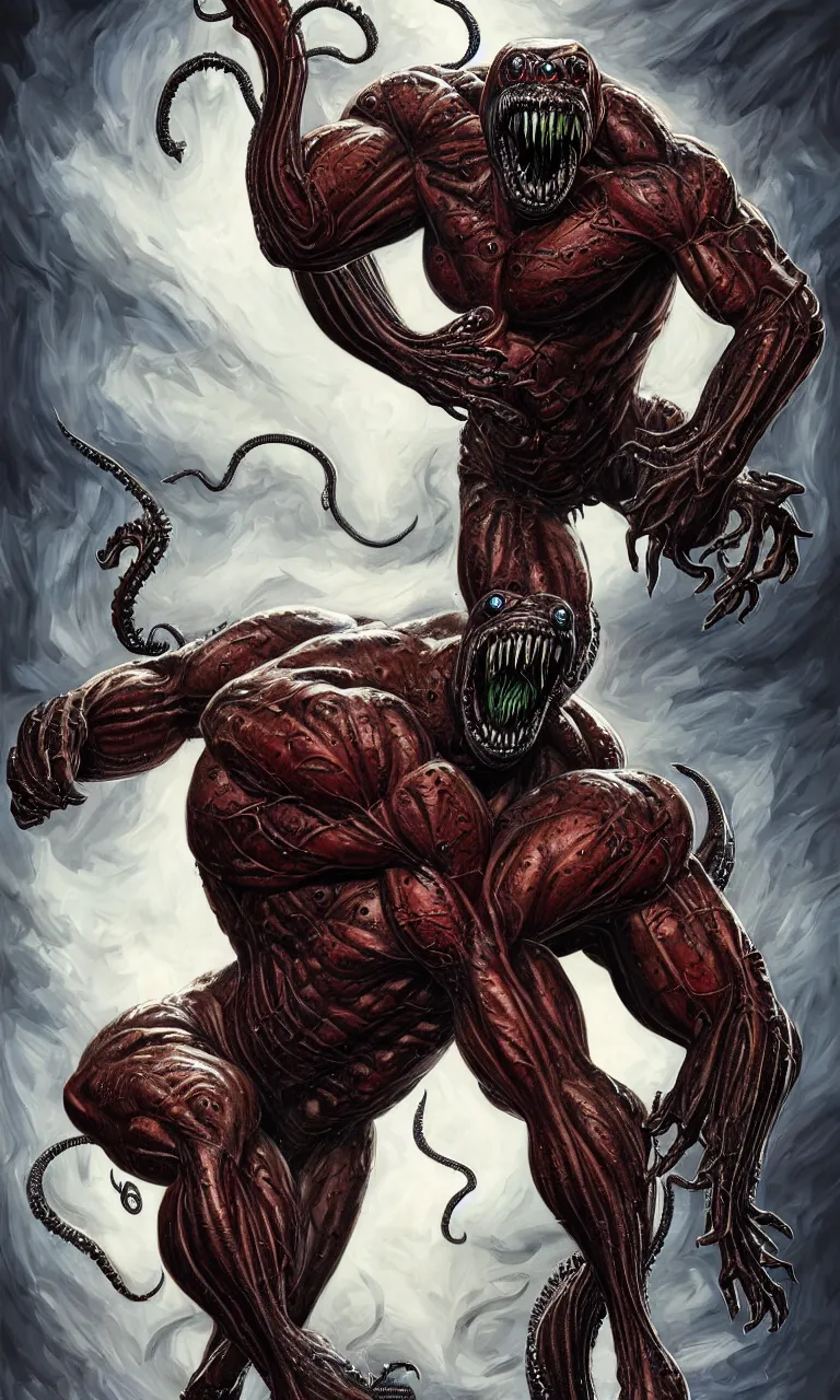 Image similar to hyper realist full body long shot portrait of bodybuilder venom legs from marvel comics!!!!, large mouth with teeth, large tongue, lovecraftian horror!!, fantasy, intricate, elegant, highly detailed, digital painting, artstation, concept art, matte, sharp focus, illustration, art by glenn fabry and giger