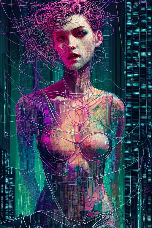 Image similar to dreamy cyberpunk girl, abstract wire clothes, digital nodes, beautiful woman, detailed acrylic, grunge, intricate complexity, by dan mumford and by alberto giacometti, peter lindbergh, zac retz