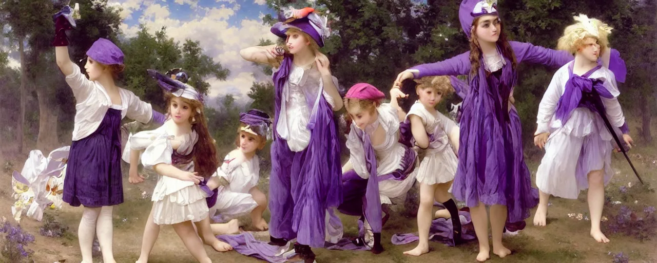 Image similar to A character sheet of a very cute magical girl with short blond hair wearing an oversized purple Beret, Purple overall shorts, Short Puffy pants made of silk, pointy jester shoes, a big billowy scarf, and white leggings. Rainbow accessories all over. Flowing fabric. Covered in stars. Short Hair. Art by william-adolphe bouguereau and Paul Delaroche and Alexandre Cabanel and Lawrence Alma-Tadema and WLOP and Artgerm. Fashion Photography. Decora Fashion. harajuku street fashion. Kawaii Design. Intricate, elegant, Highly Detailed. Smooth, Sharp Focus, Illustration Photo real. realistic. Hyper Realistic. Sunlit. Moonlight. 4K. UHD. Denoise.