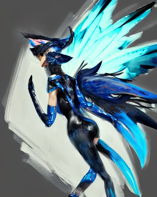 Image similar to concept art of winged wolf neon blue and black, highly detailed painting by dustin nguyen, akihiko yoshida, greg tocchini, 4 k, trending on artstation, 8 k