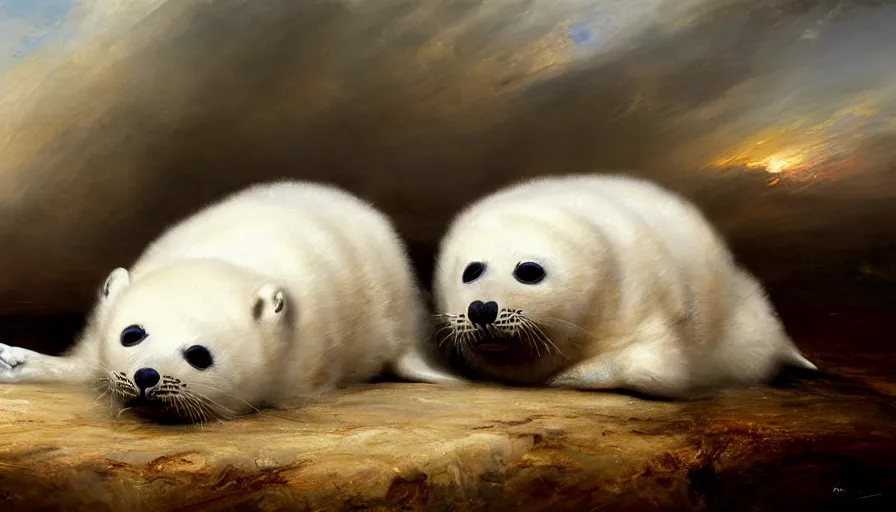 Image similar to highly detailed painting of cute furry white baby seals on a compact japanese drift car by william turner, by greg rutkowski, by william constable, thick brush strokes and visible paint layers, 4 k resolution