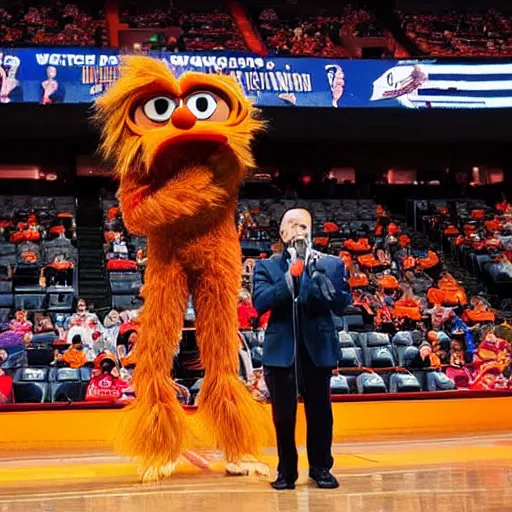 Image similar to the mascot gritty giving a speech at the Wells Fargo center, realistic