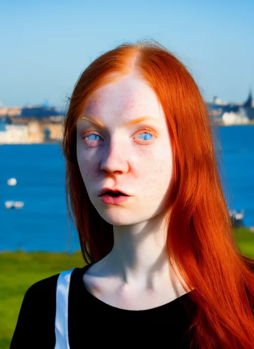 Image similar to close up portrait photograph of a thin young redhead woman with russian descent, sunbathed skin, with deep blue symmetrical!! eyes with round!! Black!! Pupils, and Wavy long maroon colored hair who looks directly at the camera, with a Slightly open mouth, face takes up half of the photo. a park visible in the background. 55mm nikon. Intricate. Very detailed 8k texture. Sharp. Cinematic post-processing. Award winning portrait photography. Sharp eyes.