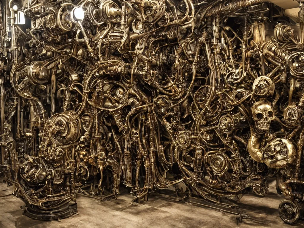 Image similar to < highly detailed machinery, gold silver copper bronze metal, hundreds of gears, a thousand pipes, human skulls, ivory eyeballs, rust, rivets, dark gloomy with creepy lighting, style of H.R. Giger