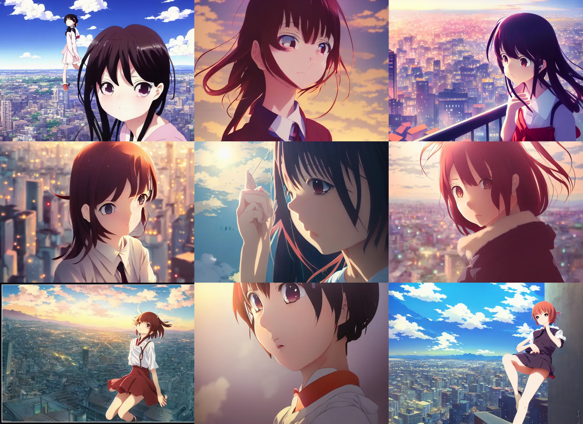 Prompt: anime visual, portrait of a young female sightseeing above the city, cute face by yoh yoshinari, katsura masakazu, dramatic lighting, dynamic pose, dynamic perspective, strong silhouette, ilya kuvshinov, anime cels, 1 6 mm lens f / 8, rounded eyes, moody, detailed facial features