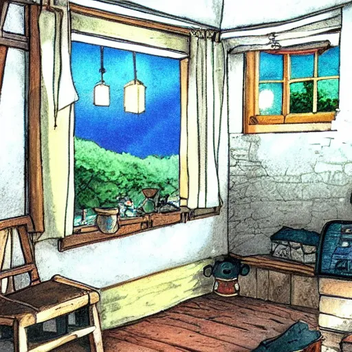 Prompt: studio Ghibli, the interior of a small cottage, warm lighting