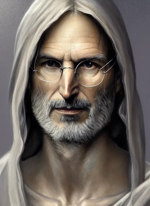 Prompt: Portrait of Steve Jobs, white glowing eyes, silver shaggy hair, cloak, ethereal wings, male, fantasy, extremely detailed, digital painting, artstation, concept art, smooth, sharp focus, illustration, stunning lighting, art by artgerm and greg rutkowski and alphonse mucha and simon stalenhag, realistic character concept, high fantasy, light atmosphere, golden ratio, cinematic lighting, hyperdetailed, high resolution, insanely detailed and intricate, artstation, Marc Simonetti, Greg Rutkowski, 8k