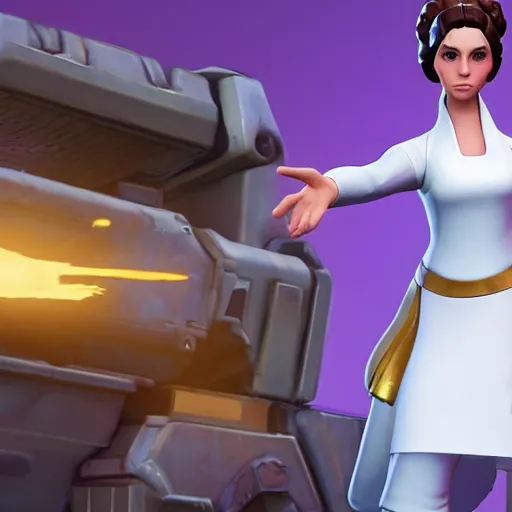 Image similar to princess leia in fortnite, character render, full body shot, highly detailed, in game render