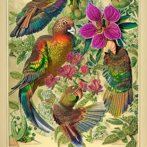 Image similar to beautiful elegant ernst haeckel fauna illustration of many greek cheek conures and flowers