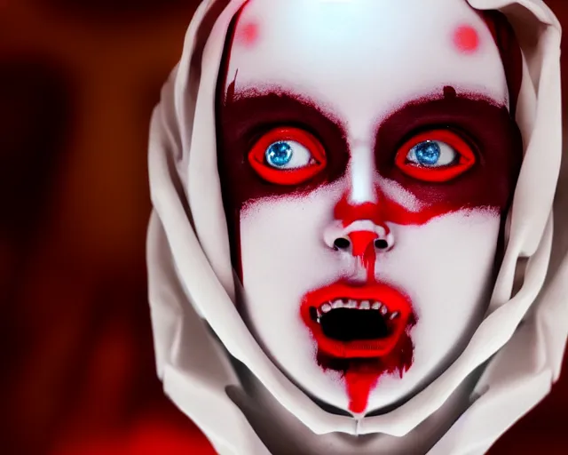 Image similar to a film still of a synthetic female human wrapped in white cloth, red eyes, mouth agape, tribal facepaint, in neotokyo, cinematic lighting, high resolution, 4 k