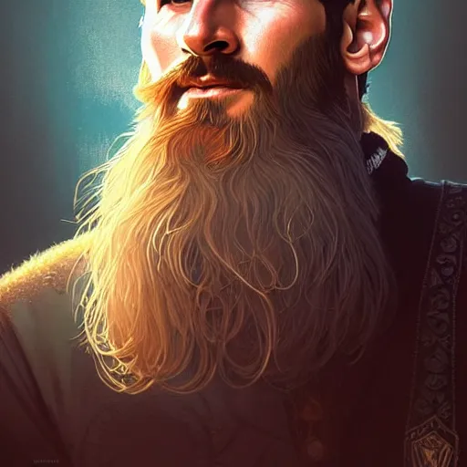 Image similar to Lionel Messi with a majestic beard, closeup, D&D, fantasy, intricate, elegant, highly detailed, digital painting, artstation, concept art, matte, sharp focus, illustration, art by Artgerm and Greg Rutkowski and Alphonse Mucha