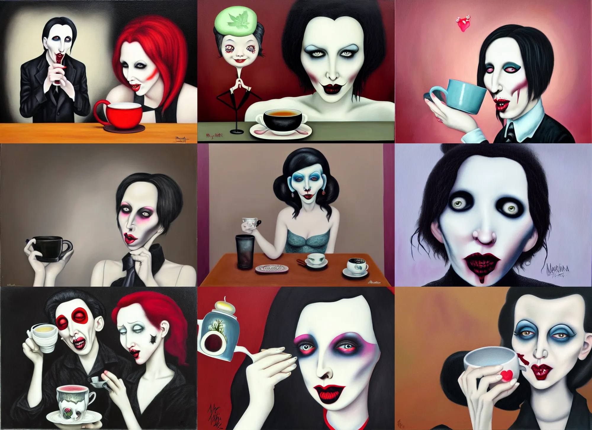 Prompt: a painting of marilyn manson drinking tea in the style of mark ryden, nicoletta ceccoli, mab graves