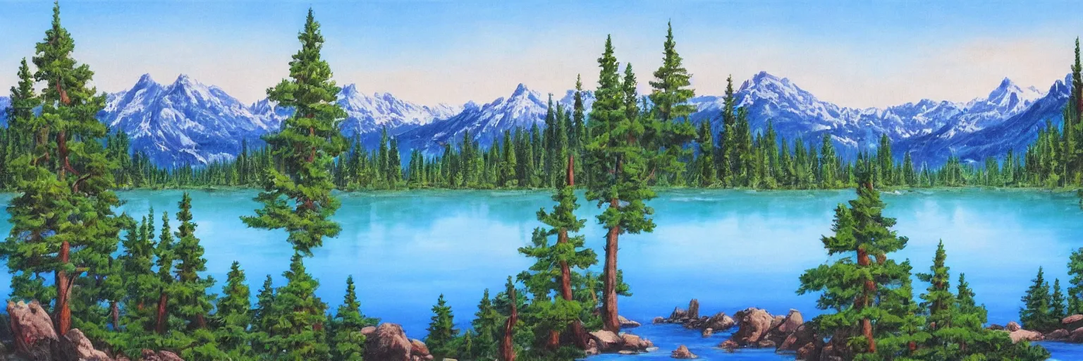 Image similar to a lake surrounded by pine trees with mountains in the background painted by Bob Ross