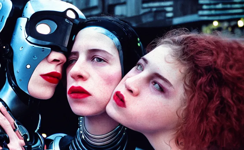 Image similar to cinestill 5 0 d photographic portrait by helen levitt of a kiss between two loving female cyborgs wearing black techwear in a retrofuturist garden, extreme closeup, modern cyberpunk, moody, 8 k, hd, high resolution, 3 5 mm, f / 3 2, ultra realistic faces, intricate detail, ex machina