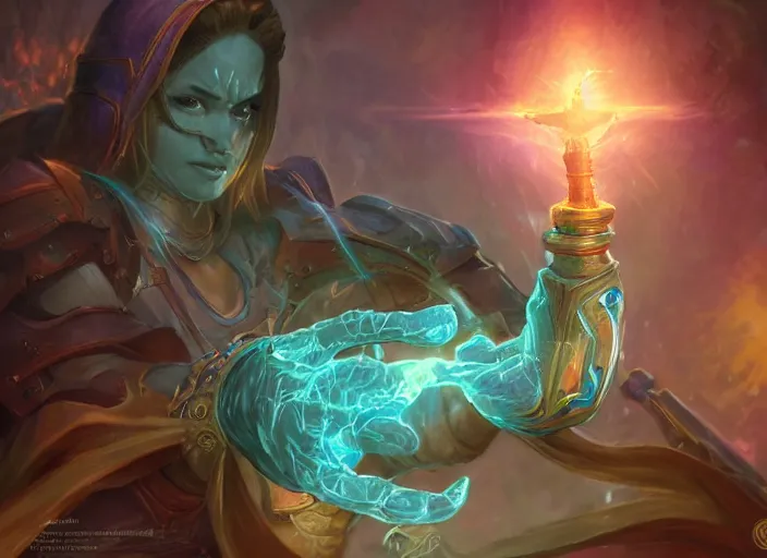 Prompt: hand with magical healing energy, tarot card, blizzard entertainment, ilm, intricate, highly detailed, centered, digital painting, artstation, concept art, smooth, sharp focus, illustration