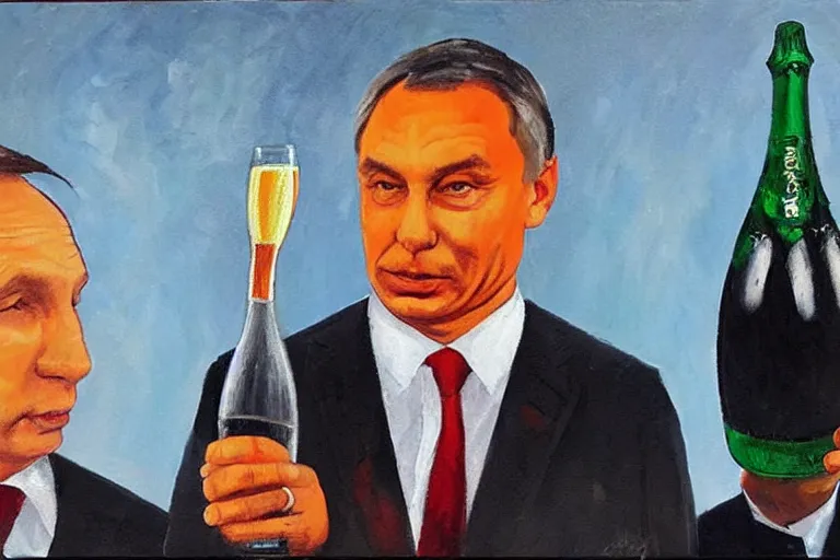 Image similar to viktor orban drinking champagne with putin in front a burning city, oil painting