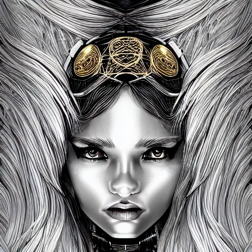 Image similar to gold and silver tones, cybernetic princess, style of moebius, james jean, mcbess, long glowing ethereal hair, cinematic, highly detailed, award winning, 8 k photorealistic