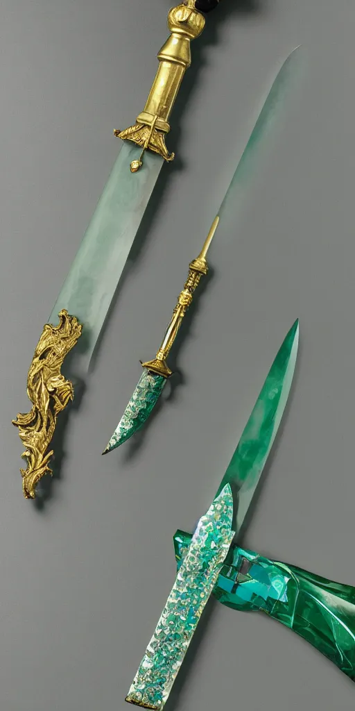 Image similar to photograph of a wide green and teal crystal double - edged sword blade attached to a big gold sword hilt