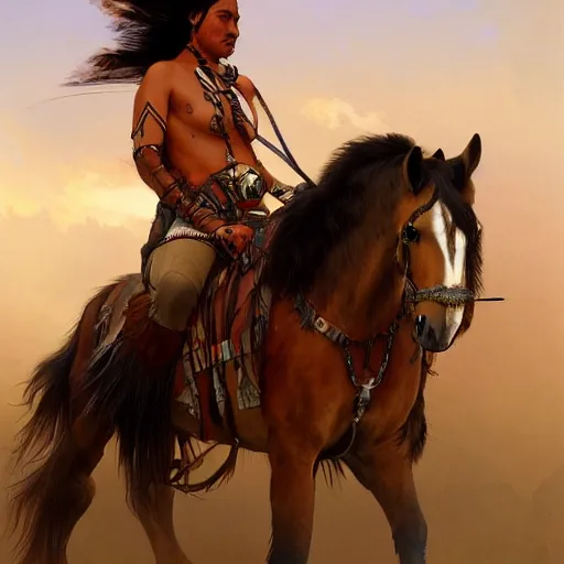 Image similar to native American on a horse during hunt, highly detailed, digital painting, cgsociety , concept art, sharp focus, illustration, art by artgerm and greg rutkowski and alphonse mucha