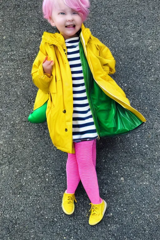 Image similar to a girl with short pink hair, wearing a loose yellow coat, full of lovely patterns, white striped tights, green transparent inflatable shoes, by customer hanuka