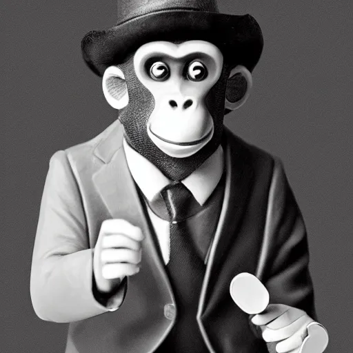 Image similar to monkey in a suit smoking a cigar and playing poker in a casino, 5 0 mm, black and white photo, trending on artstation