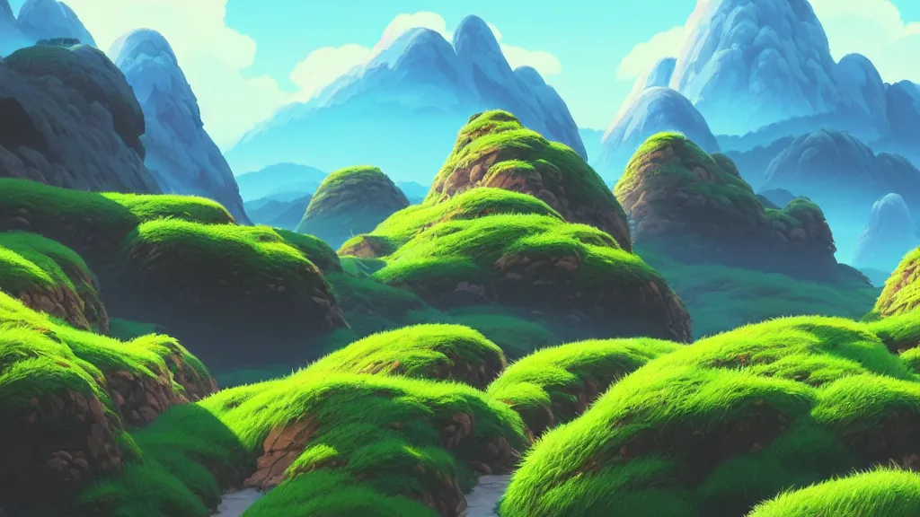 Prompt: hills and mountains landscape, studio ghibli, pixar and disney animation, sharp, rendered in unreal engine 5, highly detailed, digital painting, artstation, concept art, smooth, sharp focus, illustration, wide angle, artbook, wallpaper, splash art, promo art, dramatic lighting, art by artgerm and greg rutkowski and bo chen and jin xiaodi