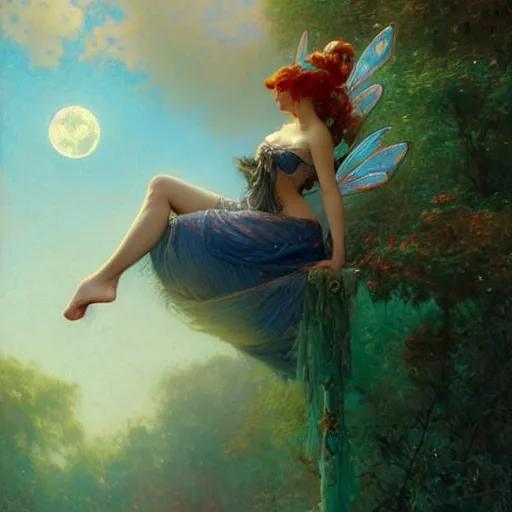 Image similar to attractive fairy magically floating high in the night, fantasy, full moon in background. highly detailed painting by gaston bussiere, craig mullins, j. c. leyendecker, mid shot, 8 k realistic, cryengine, frostbite 3 engine, sharp focus