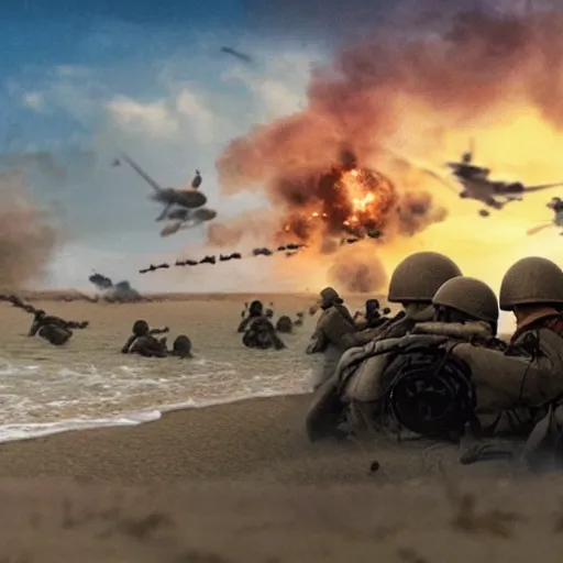 Image similar to film still of D-day storming the beach at Normandy in the style of Disney Pixar Up (2009)