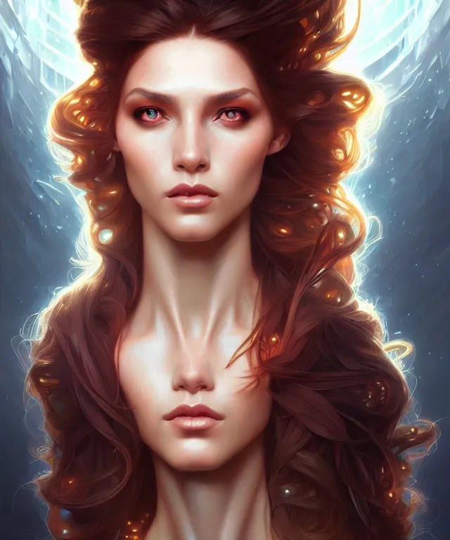 Image similar to futuristic woman portrait, sci-fi, amber eyes, face, long hair, fantasy, intricate, elegant, highly detailed, digital painting, artstation, concept art, smooth, sharp focus, illustration, art by artgerm and greg rutkowski and alphonse mucha