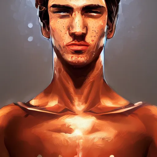 Image similar to portrait of a teen boy with long red hair and a lot of freckles and muscular, intricate, highly detailed, digital painting, artstation, sharp focus, illustration