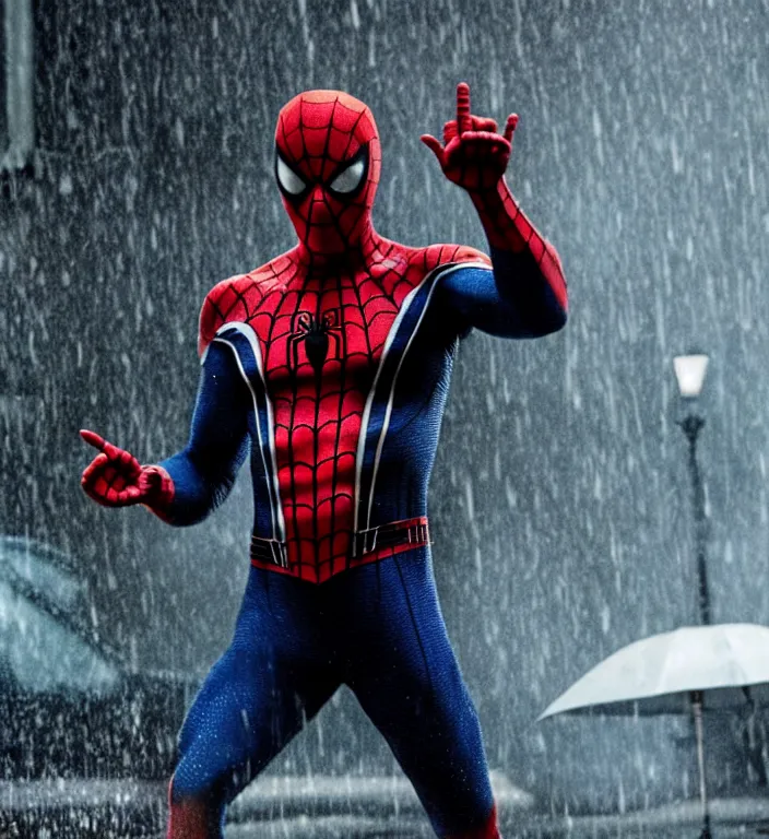 Image similar to cinematic still of jason statham as spiderman, dramatic rain, 8 k