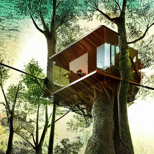 Prompt: architecture office in a tree house, incredible details, digital illustration, vibrant, beautiful, elegant, calm, serene, sunny day