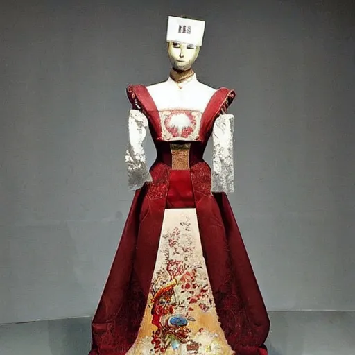 Image similar to An empress bridal ensemble is shown on a mannequin in a museum from a 1900s historical fantasy that combines Russian and Japanese influences.