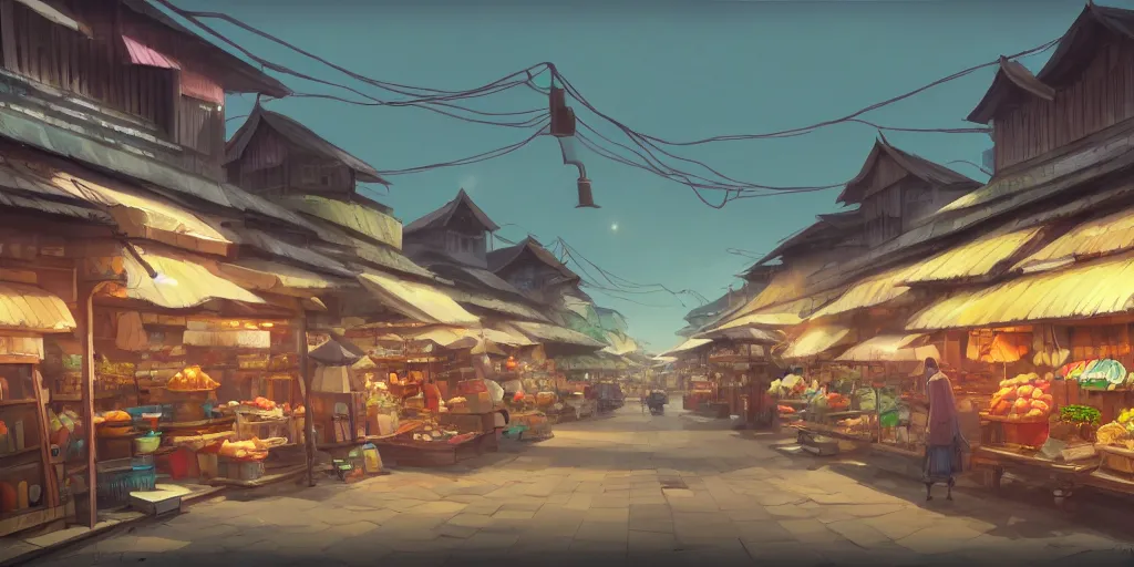 Image similar to shops at pulau indah town, early morning, detailed matte painting, low angle view, telephoto lens, bokeh, studio ghibli, artstation