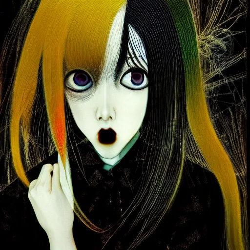 Image similar to yoshitaka amano blurred and dreamy realistic three quarter angle portrait of a woman with long white hair, black eyes and black lipstick wearing dress suit with tie, junji ito abstract patterns in the background, satoshi kon anime, noisy film grain effect, highly detailed, renaissance oil painting, weird portrait angle, blurred lost edges