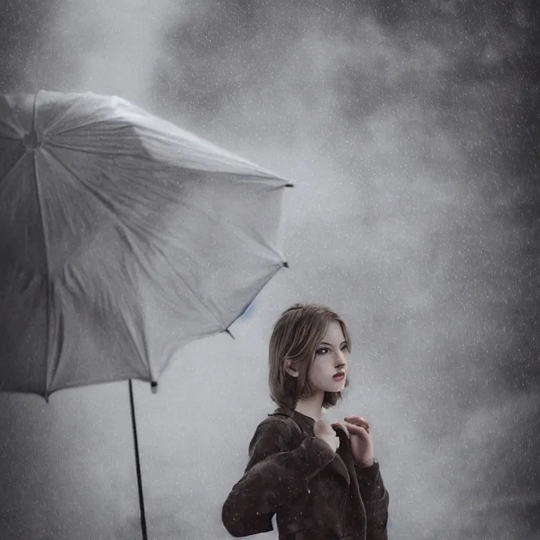 Prompt: cute annie leonhart with an umbrella wallpaper, beautiful face, pale skin, rule of thirds, cinematic lighting, rainy weather, melancholy atmosphere, sharp focus, backlit, model agency, instagram photo, shot on iphone 1 3 pro max, hyper realistic,