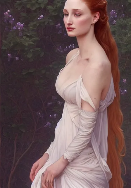 Image similar to sansa angeline jolie gessica chastain in beautiful dress, intricate, elegant, highly detailed, digital painting, artstation, concept art, smooth, sharp focus, illustration, art by artgerm and greg rutkowski and alphonse mucha and william - adolphe bouguereau