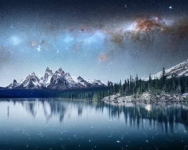 Prompt: a beautiful double exposure of a deep field astrophotography image by hubble in the sky, and a night time landscape with towering mountains, forests and a still lake with reflections, small wooden cabin in foreground, snow, lpoty, award winning, apod, low noise, detailed, sharp, elevated point of view