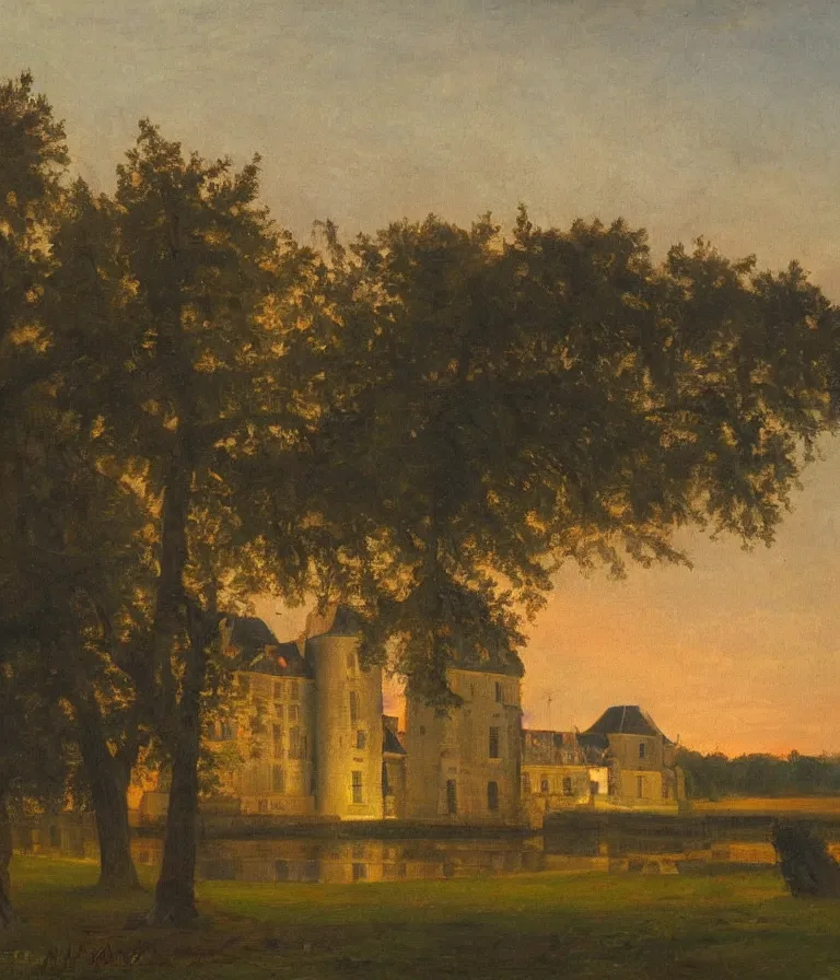 Prompt: Chateau de Ver. history painting, dusk, sunset lit Chateau, artstation, oil on canvas, by Albert Aublet, Private Collection