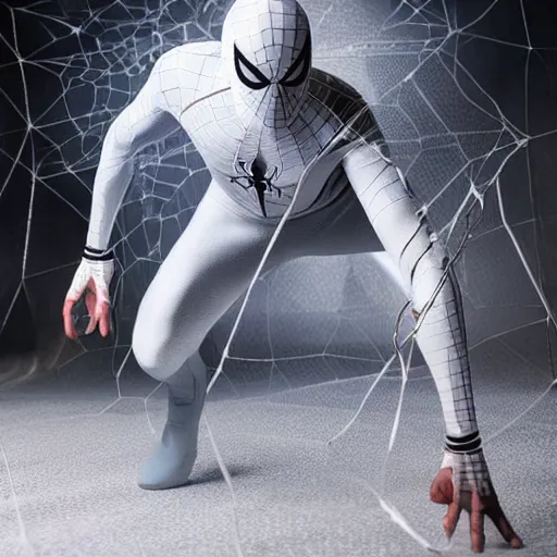 Image similar to white spider - man suit with black web lining, cinematic, volumetric lighting, realistic, hyperdetailed, photorealistic, photograph