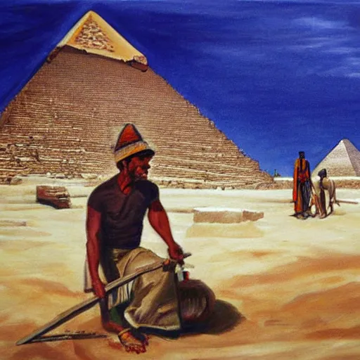 Prompt: painting of a man cutting wood in front of egypt pyramids, by greg rutowski, realistic painting, insanely detailed