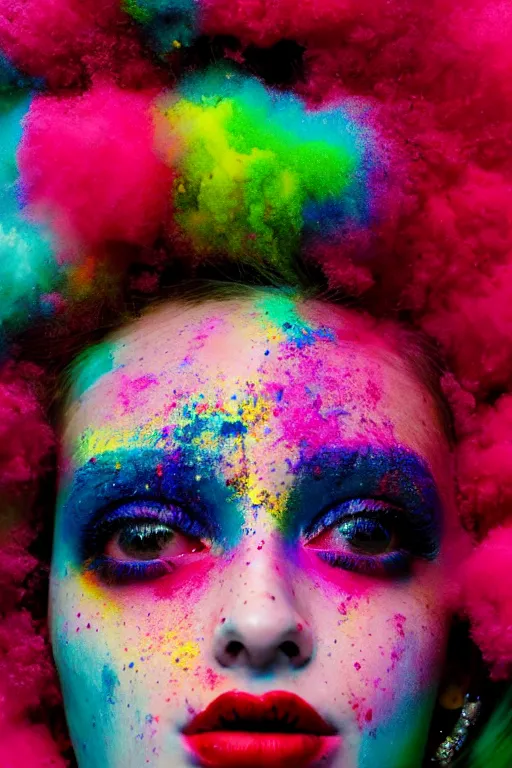 Image similar to An instax film still of a girl covered in holi powder featured in Vogue and GQ editorial fashion photography, beautiful eye, symmetry face, haute couture dressed by Givenchy and Salvatore Ferragamo